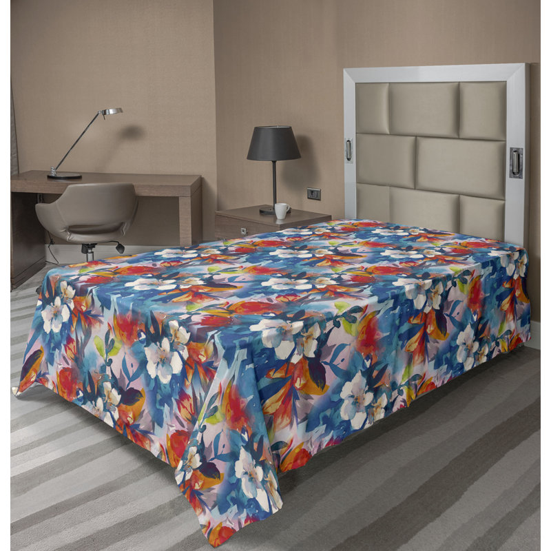 Ambesonne Flowers Flat Sheet Nostalgia Farmhouse, Blue Multicolor Coral