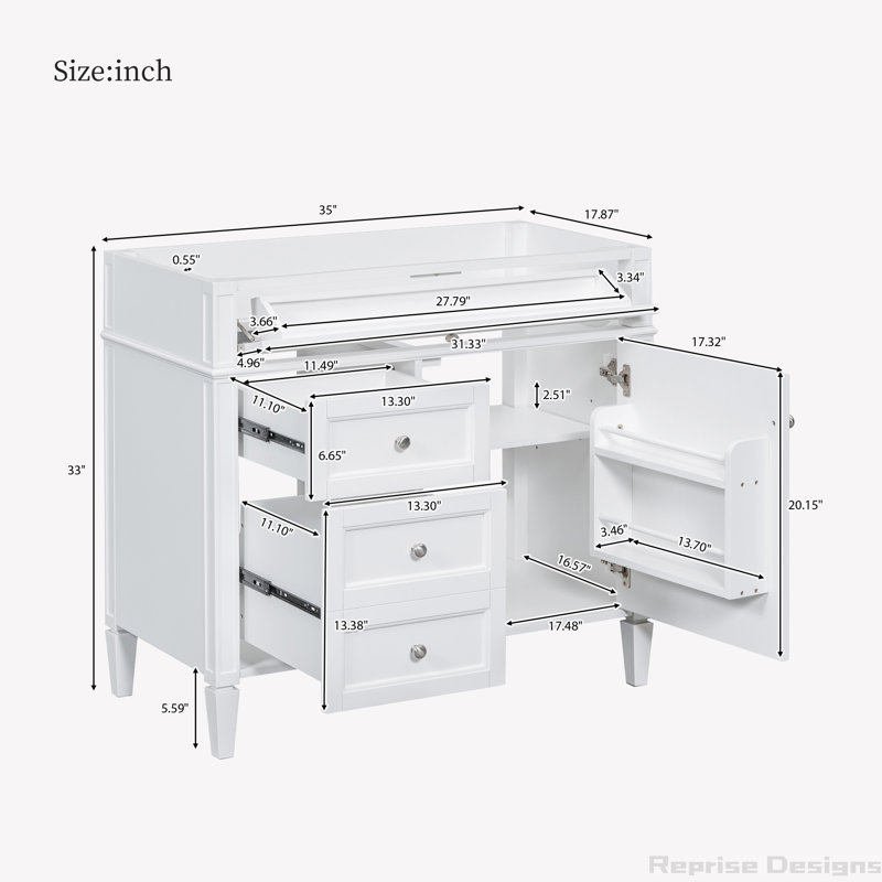 Base de meuble-lavabo simple 35 po seulement, Blanc, Argent