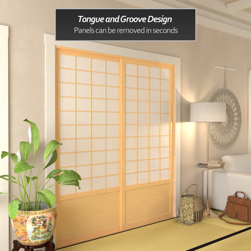 83" x 73.5" Double Sided Sliding Door Room Divider, Natural