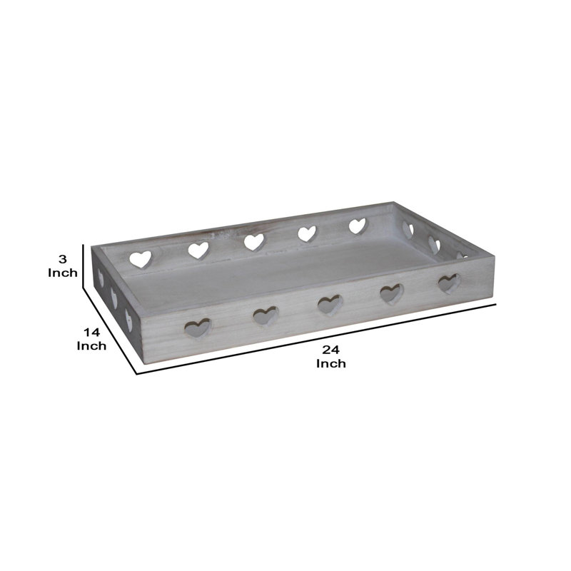Plateau rectangulaire de style campagnard avec découpes en forme de cœur, blanc délavé