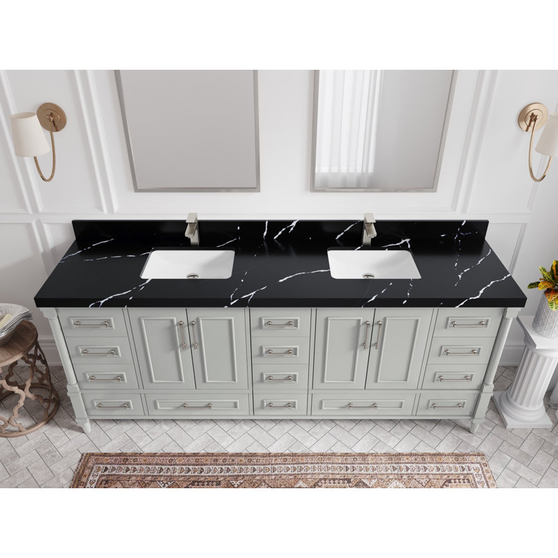 Meuble-lavabo double 84 po avec comptoir en quartz Aberdeen, Calacatta Black
