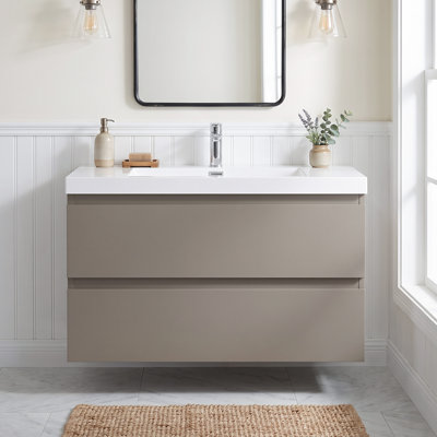 Meuble-lavabo suspendu flottant en mélamine de 91 cm (36 po) avec lavabo intégré en résine, armoire de salle de bain grise avec tiroirs à fermeture douce et poignées invisibles