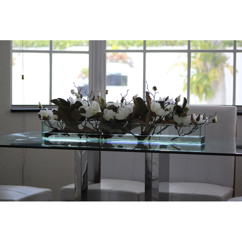 Glass Plate Magnolia Floral Arrangement And Centerpiece In Planter, White, 8" H x 36" W x 4" D