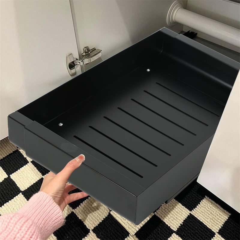 Pull Out Cabinet Organiser, Expandable Slide Out Drawer Storage Shelf, 30-50Cm W X 43Cm D X 7Cm H, Black