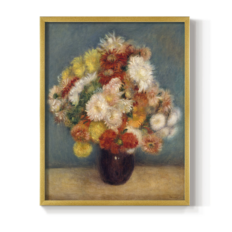 "Colorful Chrysanthemums", reproduction encadrée - bois massif, H 11 po x l 9 po, Doré