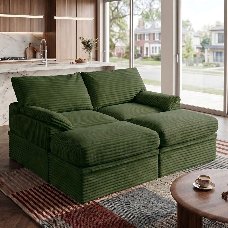 Boneless 70.8"W Oversized Corduroy Sectional Loveseat with Pillow Topped Arms, 4-Piece Modular Sleeper Sofa with 2 Ottomans, Under-Seat Storage & 2 Pillows for Living Room, Easy Assembly