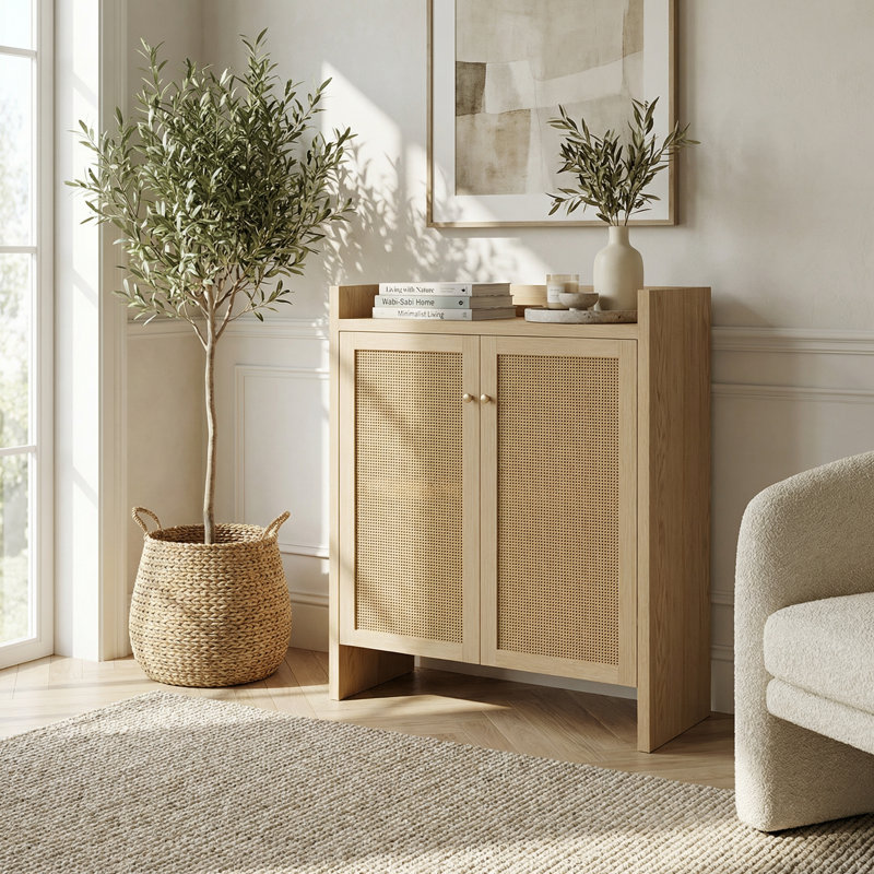 42.5 Inch Tall Rattan Shoe Storage Cabinet with Adjustable Shelves and Wooden Frame for Entryway and Hallway Organization