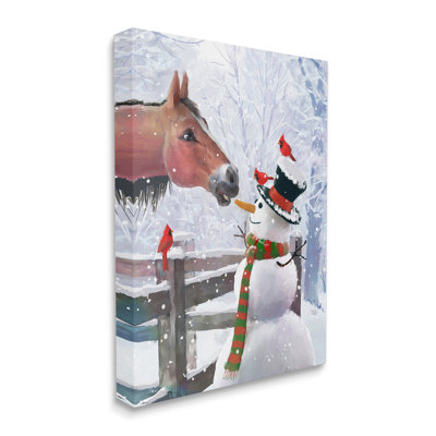 Cheval mangeant un bonhomme de neige, scène de carotte sur toile