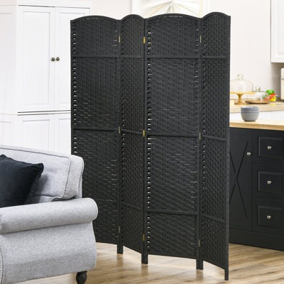 4 Panel Privacy Screen, 5.6' Tall Folding Room Divider. Black With Hand-Woven Style And Arched Top For Home Office, Bedroom. Versatile Partition, Wood