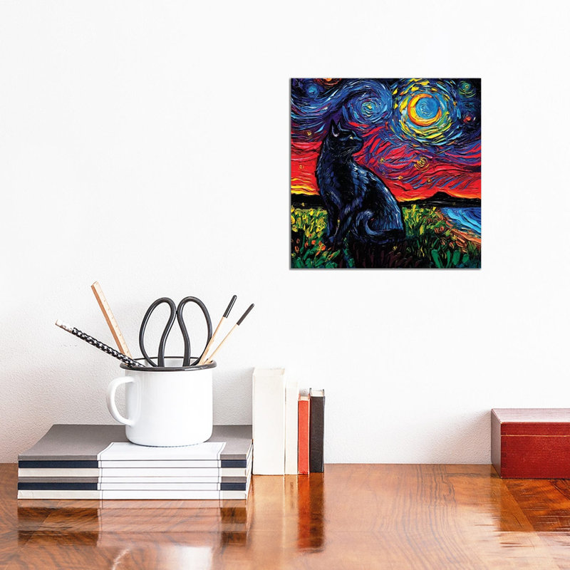 Black Cat Night II by Aja Trier - Painting on Canvas, Wrapped Canvas, 30.48 cm H x 30.48 cm W