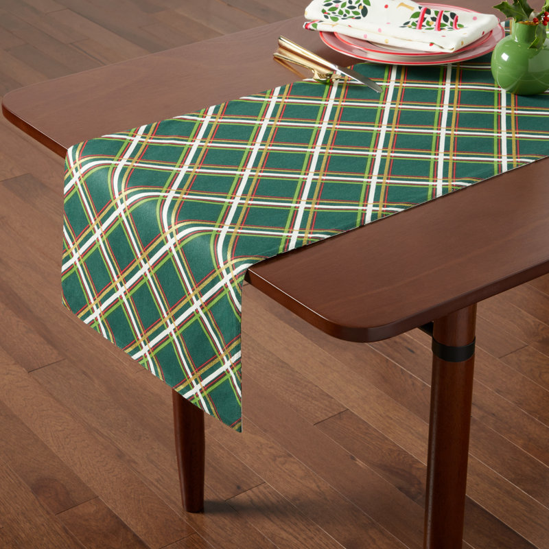 Green and Cream Cotton Christmas Plaid Reversible Table Runner