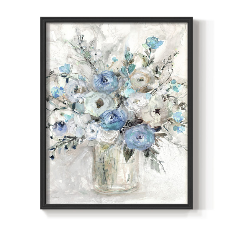 «Blue Contemporary Bouquet», reproduction encadrée - bois massif, Noir, H 28 po x l 22 po