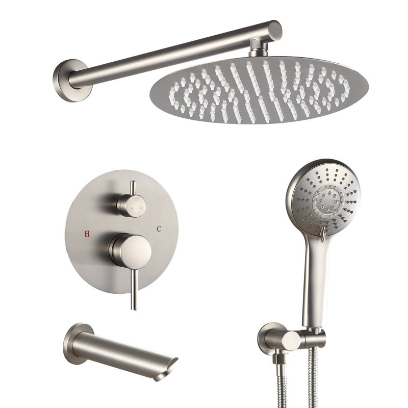 Ensemble de douche à pluie HGN 12 po avec douchette murale et bec de baignoire , Nickel brossé