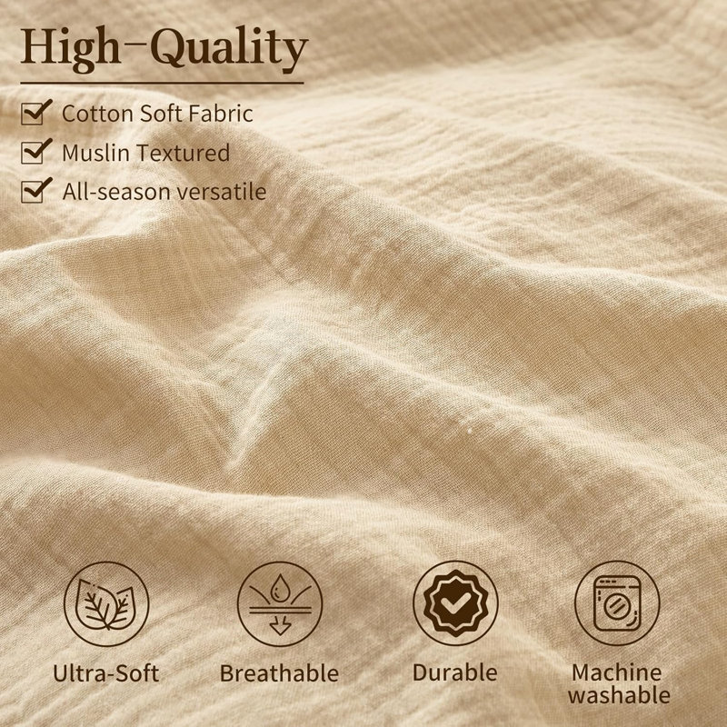 Housse de couette en mousseline de coton grand format 100% coton biologique à texture douce, housse de couette tissée pour ensemble de 3 pièces toutes saisons (grand lit, lin)