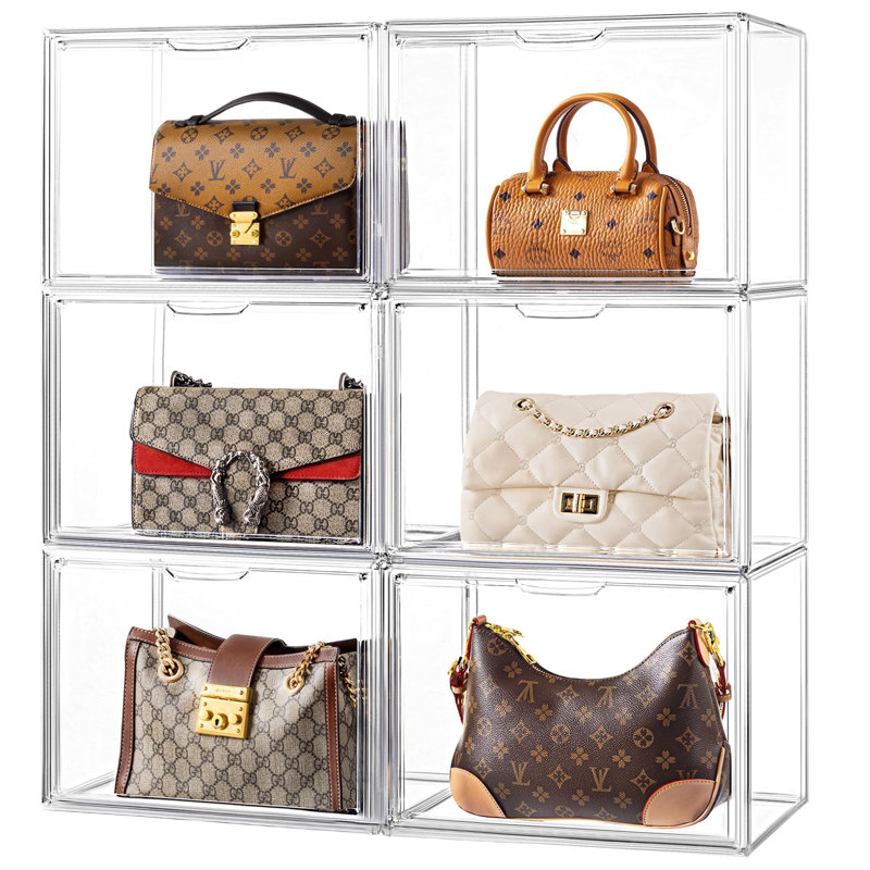 Purse Storage Organizer For Closet, Large Stackable Handbag Display Case Box With Magnetic Door For Collectibles, Cosmetics, Heels,(Clear/6 PCS)