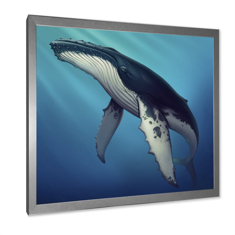 Baleine dans l'océan II - Peinture, H 16 po x l 16 po x P 1 po, Cadre photo argenté
