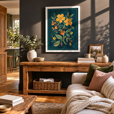 Golden Blooms On Teal Botanical - Print