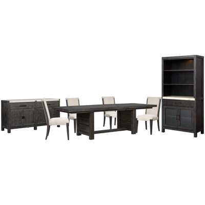Extendable Trestle Dining Table With 4 Upholstered Side Chairs Sideboard And Display Cabinet