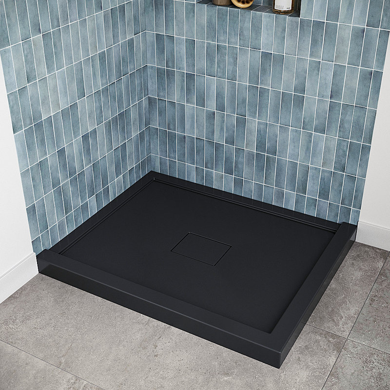 42 in. x 34 in. Corner Acrylic Shower Base in Glossy Black With Center Drain, Drain Included, Glossy Black
