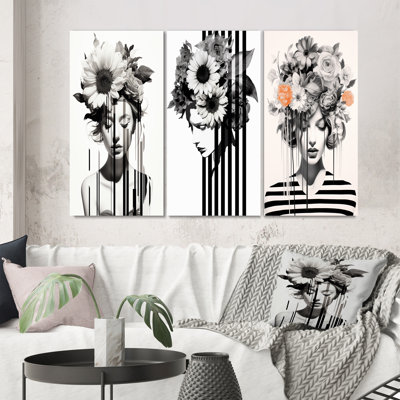 Vintage Minimalism Striped Woman White Flowers VII - Woman Floral Art Set Of 3 Pieces