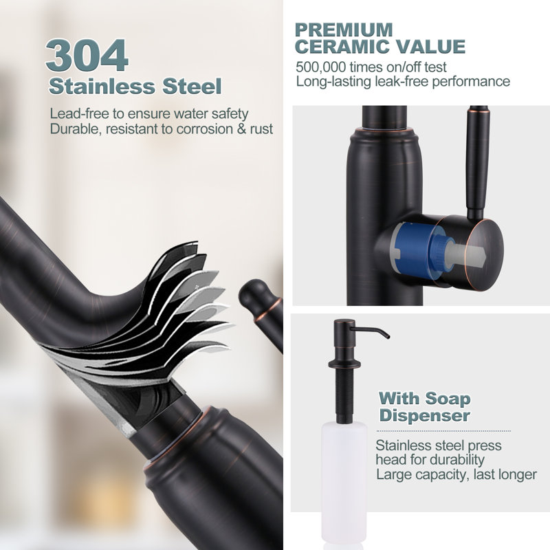 Oil Rubbed Bronze Stainless Steel Pull Down Kitchen Faucet with Soap Dispenser