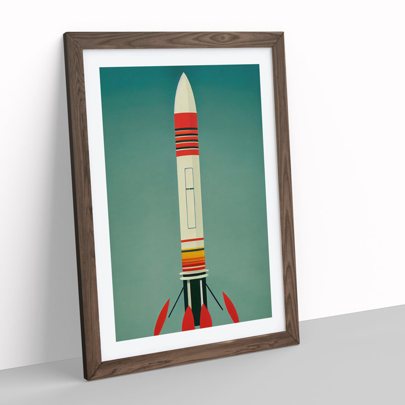 Retro Spaceship Rocket No.1 - Framed Print, 34cm H x 25cm W x 2cm D, Brown Framed