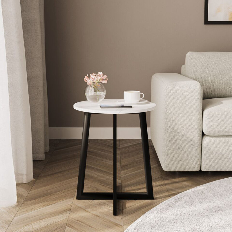 Ajana Solid Wood Cross Legs End Table, White Marble