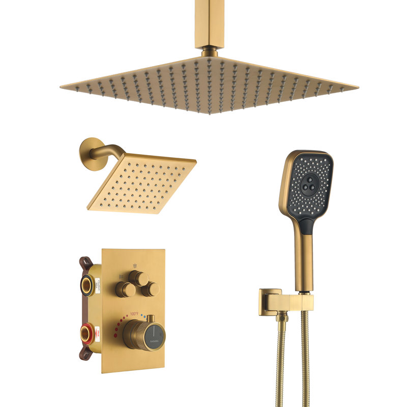 12-Inch Brushed Gold Thermostatic Dual Shower System with Handheld