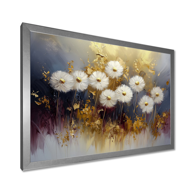 Golden Dandelion Harmony - Pissenlit, art mural, H 34 po x l 44 po, Picture Framed, Argent argent