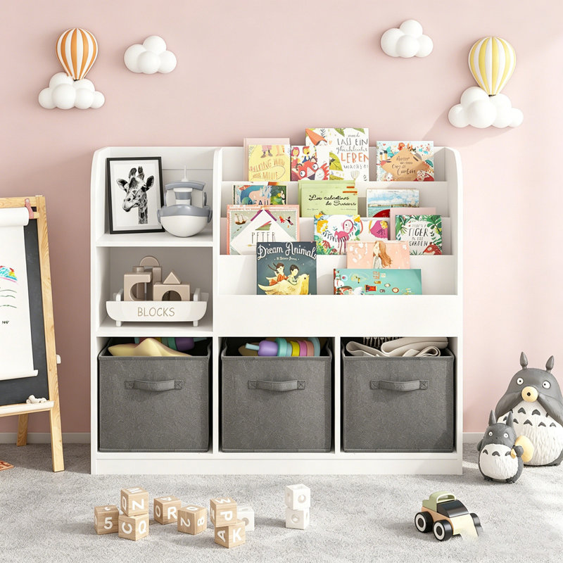 Kids Bookcase And Bookshelf With 3 Collapsible Fabric Drawers Display Stand