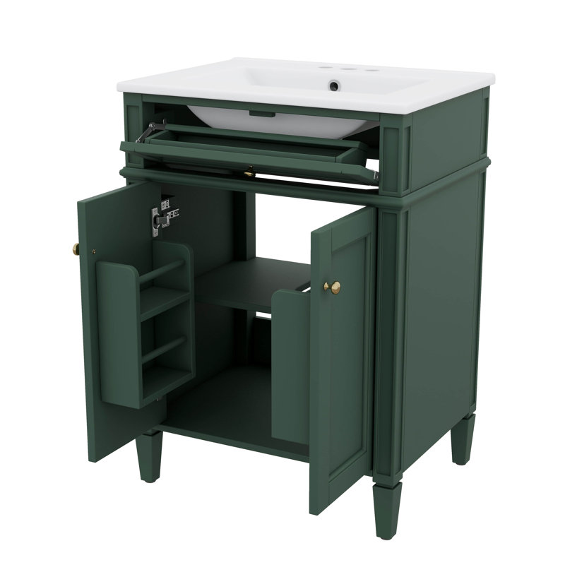 Meuble-lavabo moderne de 24 po avec lavabo et armoire de rangement moderne avec 2 portes à fermeture en douceur, Vert, Doré