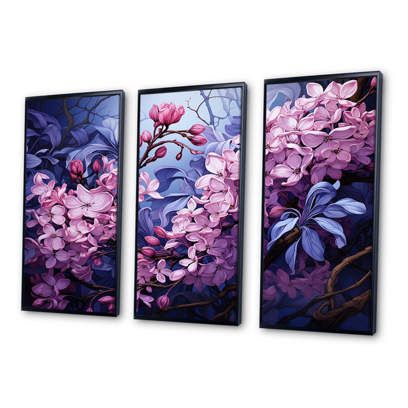 Fleurs lilas en pleine gloire I - ensemble d'art mural sur toile lilas, Cadre flottant noir, H 40 po x l 60 po x P 1 po