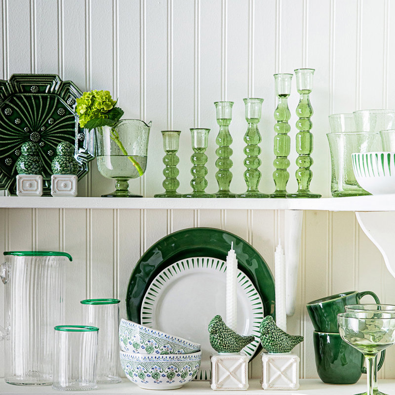 Provence Green Glass Hurricane Candlestick Set, 5" Height
