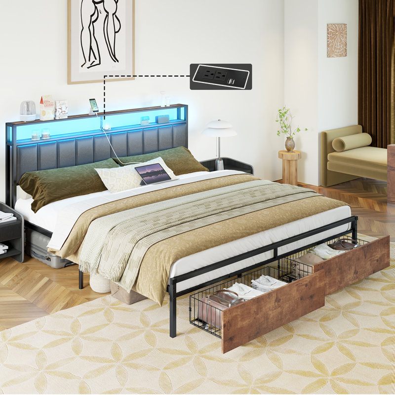 King Rustic Brown Metal Frame Upholstered Bed with Storage and LED