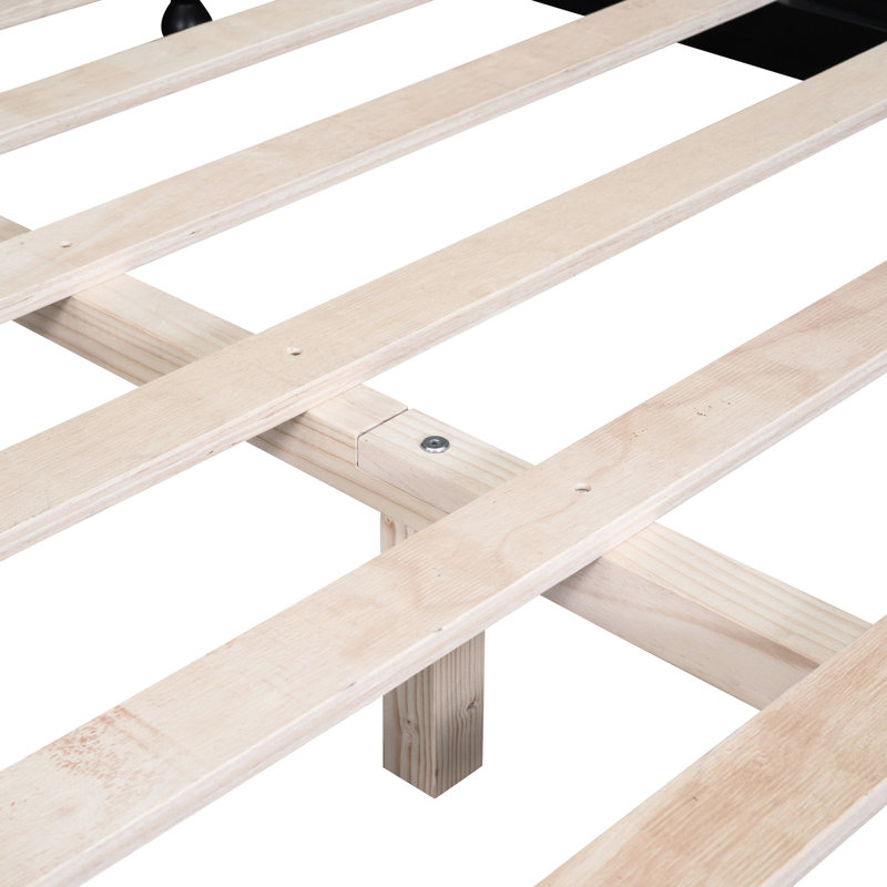 Grand lit en bois rétro avec support à lattes, plateforme à look élégant noir avec structure stable
