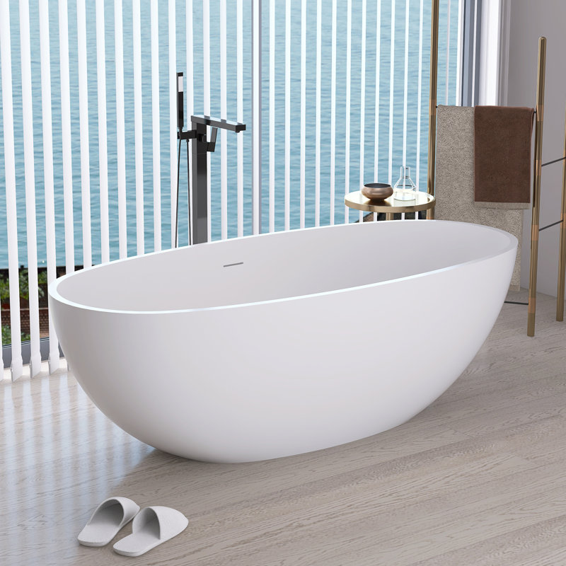 65.2 inch Freestanding Solid Surface Soaking Bathtub with Drain, Matte White