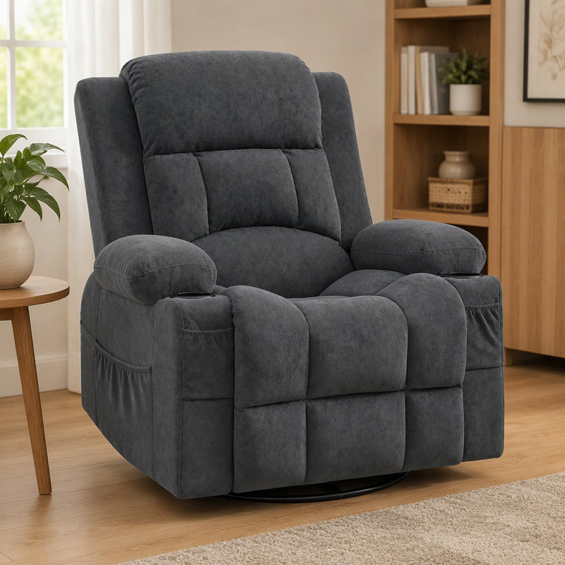 Fauteuil inclinable pivotant à bascule avec massage par vibration et chauffage lombaire, tissu gris, Fabric, Grey