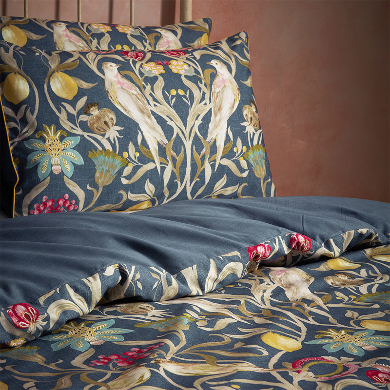 Cotton Floral Duvet Cover Set with Pillowcases,  Navy Blue, Super King - 2 Standard Pillowcases