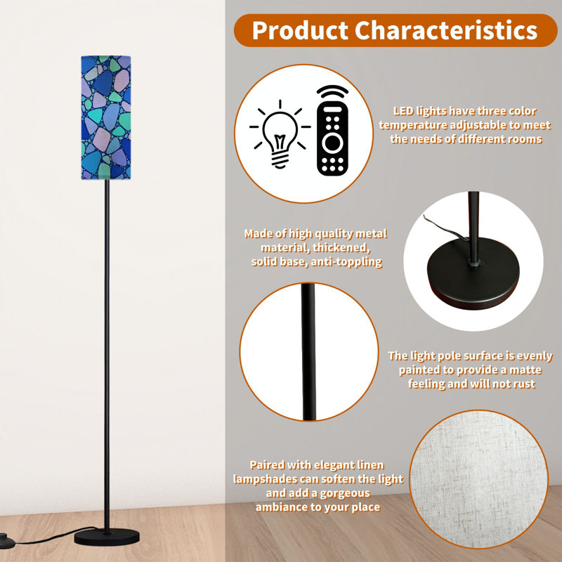  68.5" Standing Floor Lamp Blue colored stained glass window backgrounds Dimmable Metal Pole Lamp with Linen Lampshade LED Bulb Included