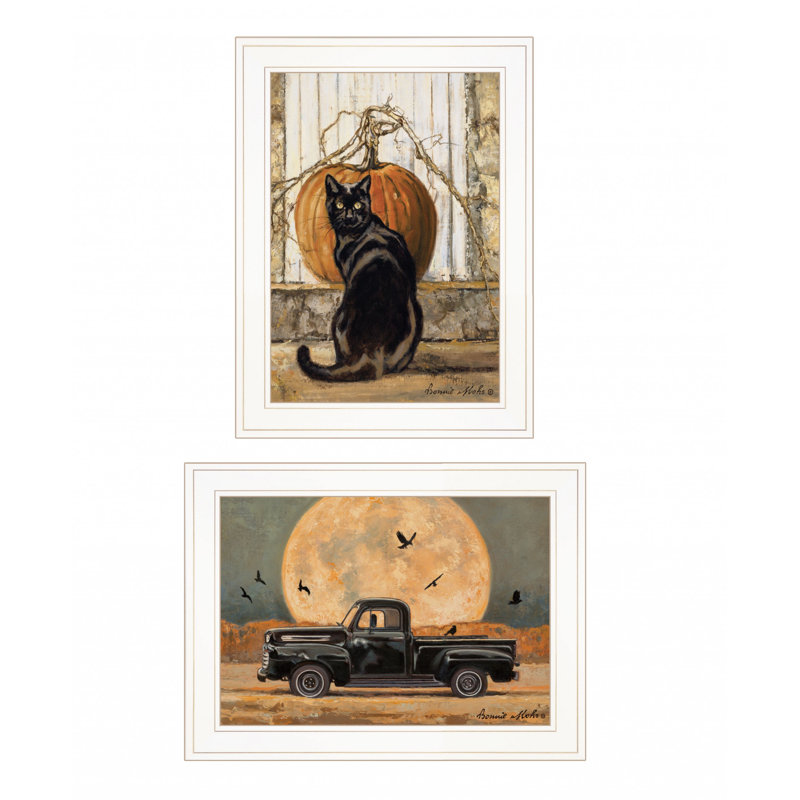 Ensemble de deux reproductions d'art mural lune avec un chat et un camion, Cadre blanc, H 35 po x l 19 po