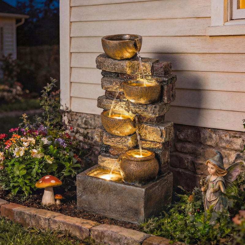 28" Outdoor Fountain with 5-Tier Rustic Jugs and Rock, Cascading Waterfall with LED Lights, Adjustable Flow, Resin Freestanding Garden Fountain for Garden Patio, Rustic Brown