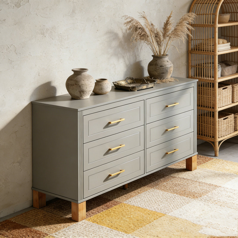 Armoire de rangement moderne avec poignées en métal et pieds en bois massif, Gris