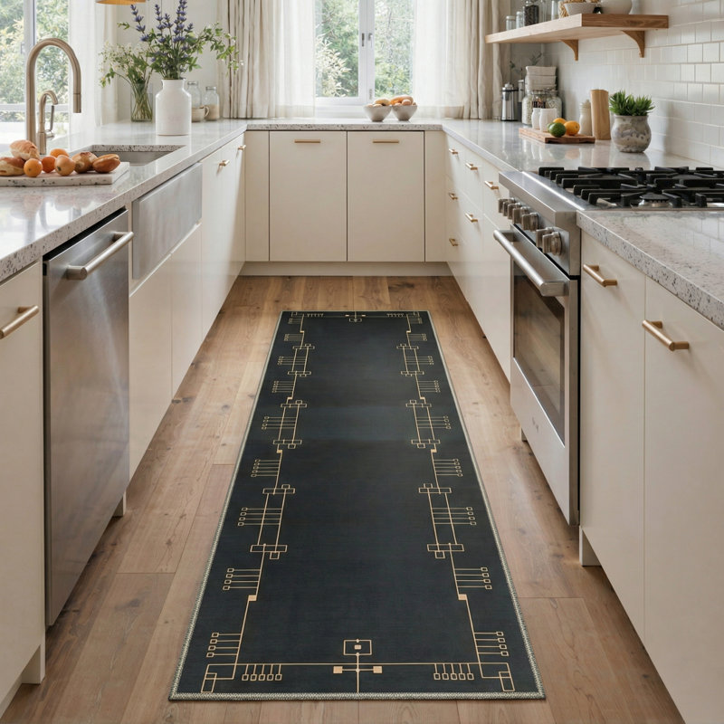 Tapis noir lavable à la machine à motif géométrique avec envers antidérapant Art Deco, Tapis de couloir 2 pi x 6 pi