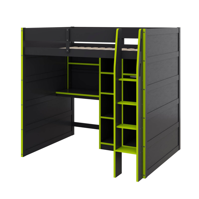 Lit mezzanine double en bois avec bureau, garde-robe ouvert, plusieurs unités de rangement et éclairage intégré, Noir/vert