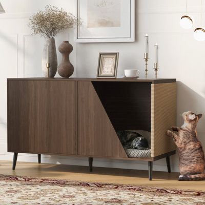 Walnut Cat House With Storage - Furniture Style Wooden, Effortless Cleaning Work, Functional & Spring Door, Cozy Stylish, 53in Depth, 20.7in Width, 31