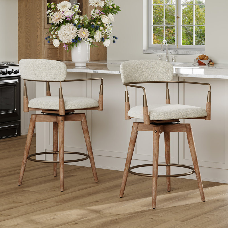 Mid-Century Modern Swivel Counter Stool With Solid Wood Frame, Beige