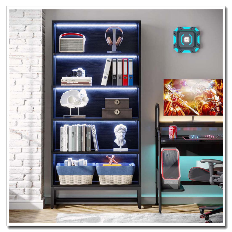 70.87" Black 5-Tier LED Library Bookshelf With Heavy Duty Storage
