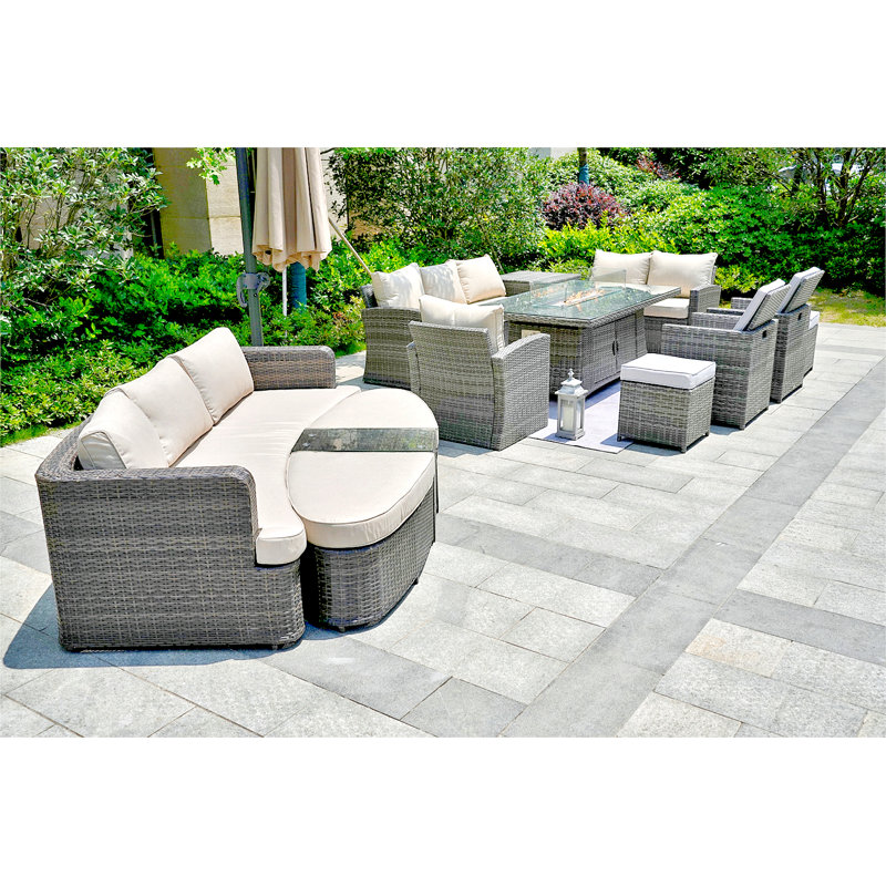 Appoint Gas Fire Pit Dining Table With Corner Sofa Set,  2 Back Folding Chairs 2 Ottomans, A Sectional Lounge Set