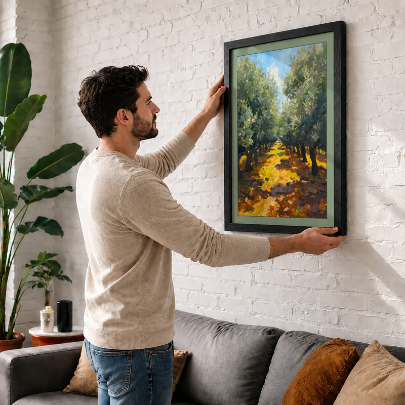 Olive Harvest Path Rustic - Framed Print, A2 - 59.4 x 42.0 cm, Oak