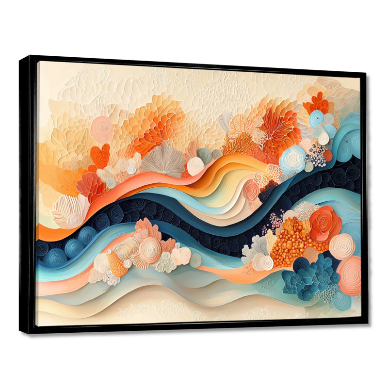 Abstrait corail vagues océaniques de l'éternité V - corail, art mural, H 34 po x l 44 po, Noir, Impression encadrée flottante